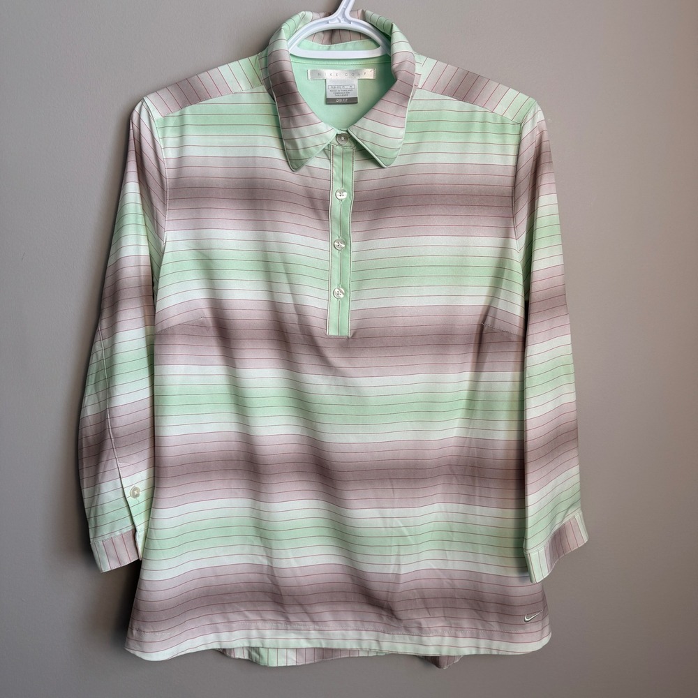 Nike‎ Golf Dri-FIT 3/4 Sleeve Striped Polo Shirt Multicolor Womens Medium Preppy